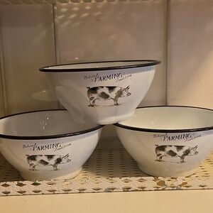 Enamel Ware Soup Cereal Bowls Farm Animals Pig Farming Set of 3 Farmhouse NEW